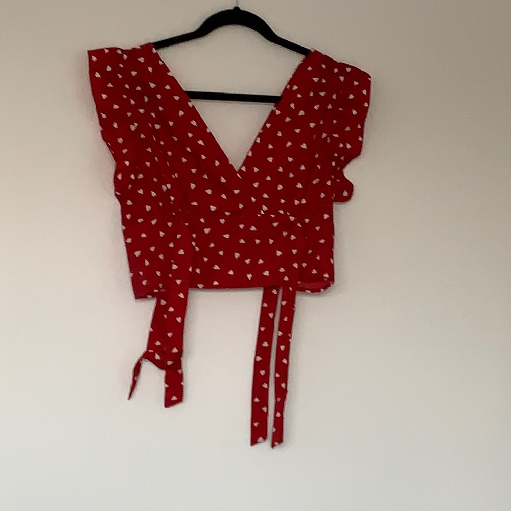 Deep V Red Blouse with White Hearts